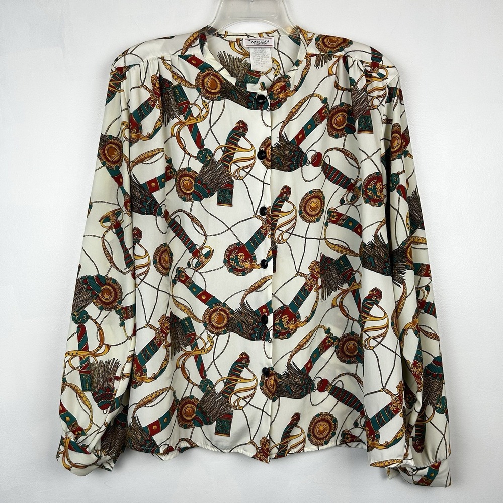 Vintage Blouse Womens Large 16 Tassel All Over Print Top USA 90s Rich Old Money